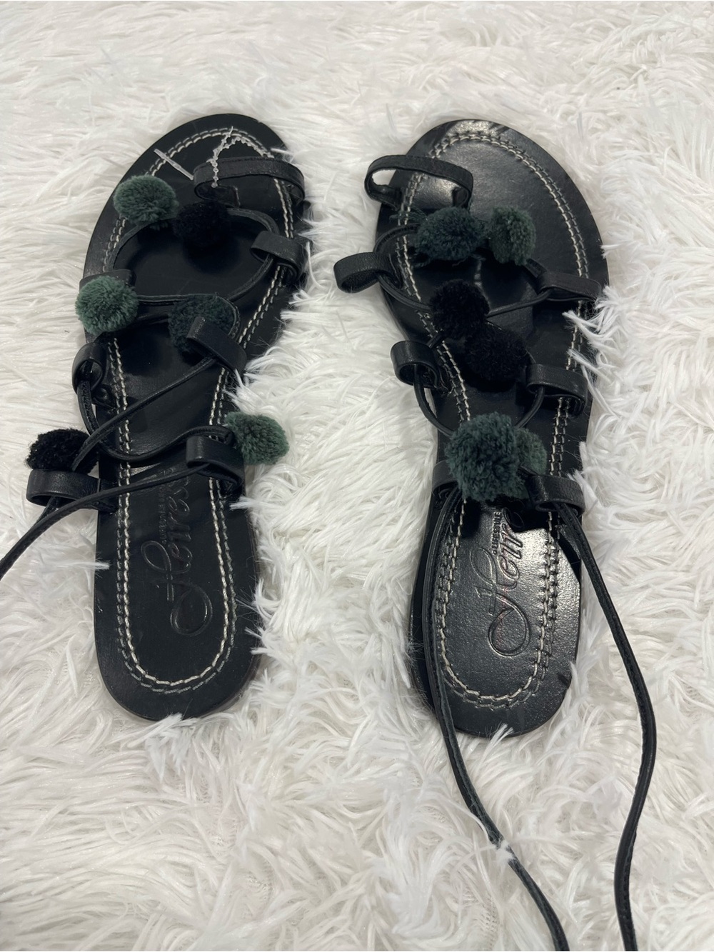 Black Lace-Up Pom Pom Gladiator Sandals